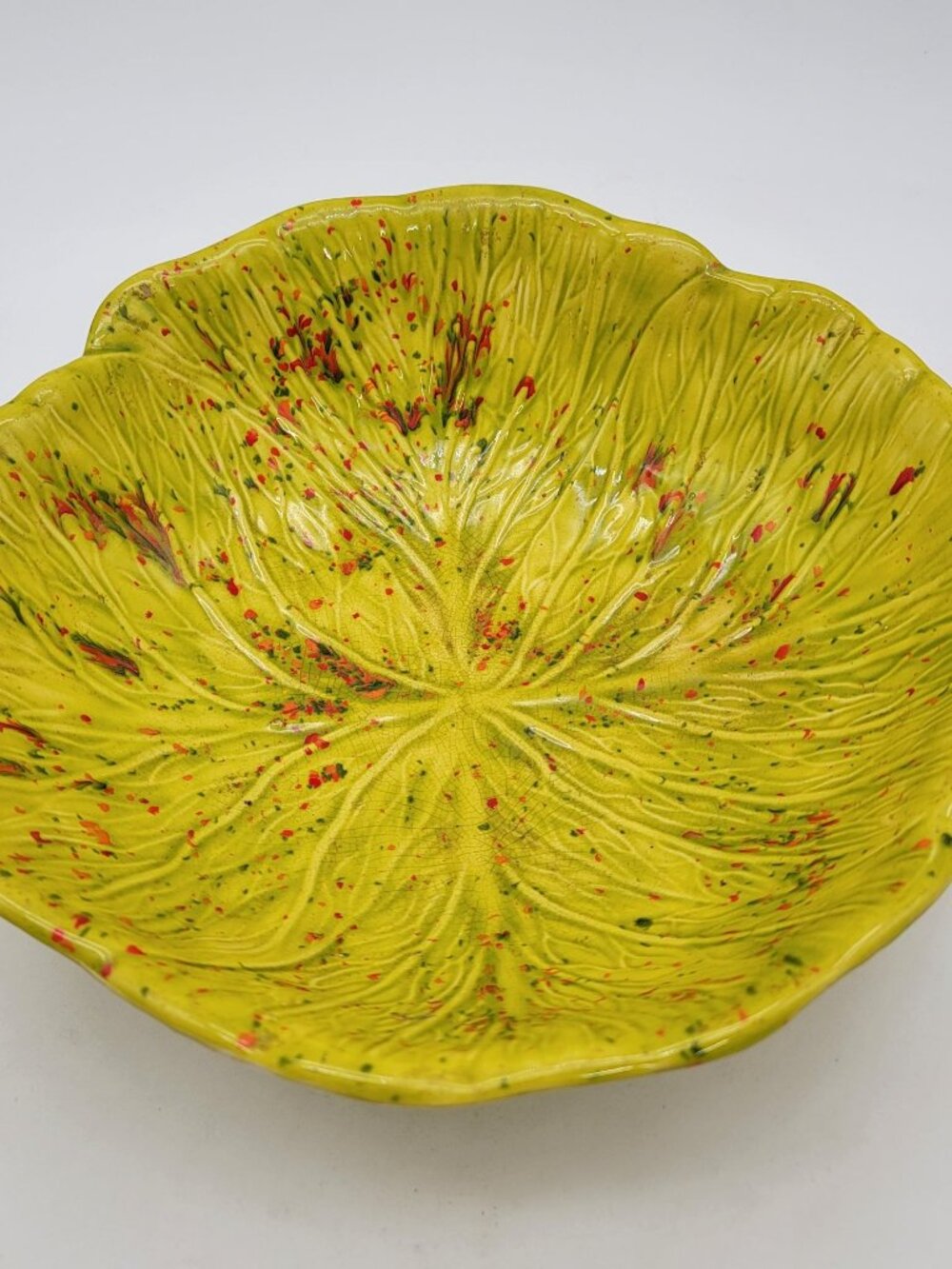 Vintage Leaf Art Pottery Console Bowl With Speckled Design & Signature